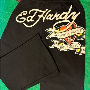 Ed Hardy Black Sweatpants with Heart and Banner Design